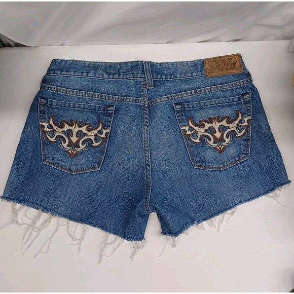 Guess Shorts Blue Denim Cut Off Women's Sz 34 Distressed Embroidery Pockets - Picture 1 of 10